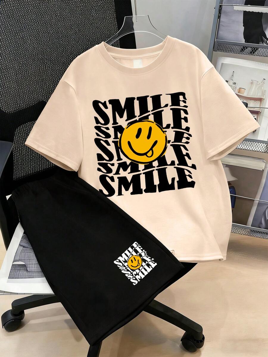 Tween Boy 2pcs/Set New Arrival Spring/Summer 2024 Laughing Face Print Short Sleeve T-Shirt And Casual Shorts - Multicolor - View 1