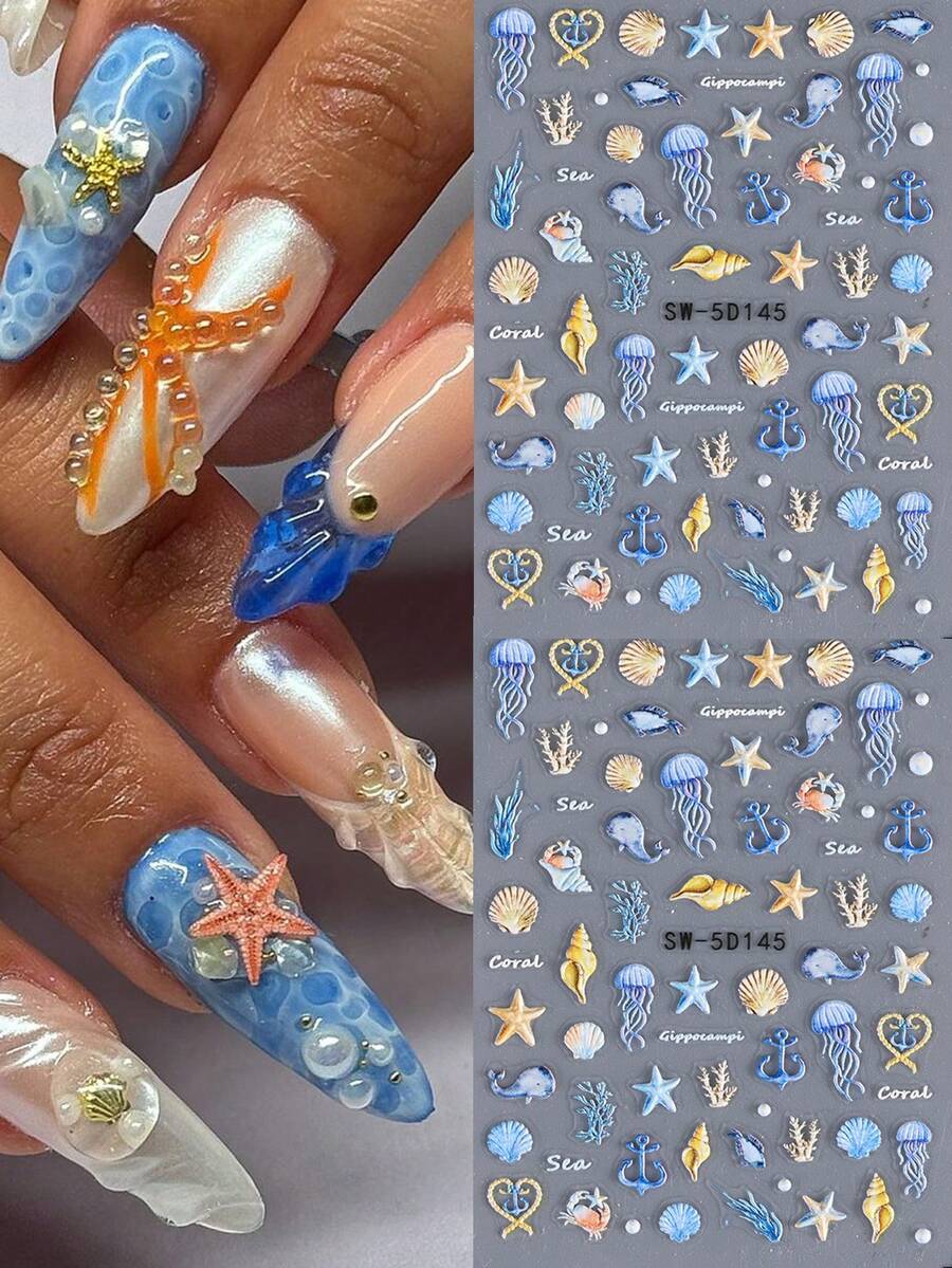 2片装5D海洋风美甲贴纸,自粘式,图案包括水母、海星、贝壳、珊瑚、海马、锚等,适合夏季海滩度假美甲装饰 - 彩色 - 查看 1