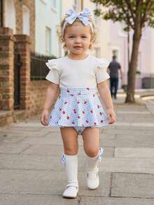 Newborn Baby Girl Summer Clothes Short Sleeves Plaid Skirt Romper Dress Headband Socks Set Fashion Holiday Outfit, Preemie Newborn Baby Girl Clothes - 天藍 - 查看 2