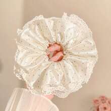 缎面波点蕾丝边双层发圈，优雅发绳，适用于发髻和马尾辫 - 白色 - 查看 3