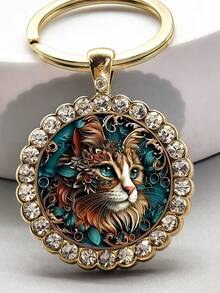1pc Cat Design Painted Pattern Round Keychain - Ideal Fashionable Accessory For Weddings, Birthdays, Graduations, Christmas And Anniversaries, A Great Gift Choice For Girlfriend Or Wife - الذهبي - مشاهدة 7