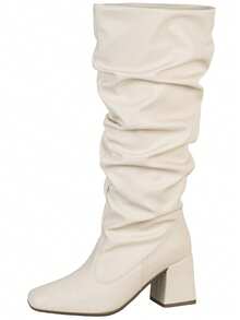 Women's High-Top Boot With Slouch Detail, Square Toe, And Block Heel - Stylish And Fashionable By GiGiL - 白色 - 查看 2