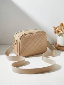 1pc Women's Casual Crossbody Bag, 4 Zipper Design, Solid Color Personalized Fashion Rhombus Pattern, Comfortable Handheld And Shoulder Strap, Large Capacity, Suitable For Travel, Shopping, Commuting - Khaki - View 5