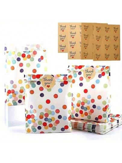120个彩色波点牛皮纸礼品袋，带贴纸，波点设计牛皮纸礼品袋，附赠感谢贴纸，适用于糖果、饼干包装，派对、节日、生日、婚礼、毕业典礼、庆典和装饰包装（1套=1个袋子+1个标签）（120个/48个/24个）