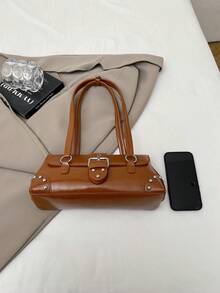 Vintage Style Buckle Rivet Paris Handbag - Glossy Faux Leather Tote - Brown - View 5