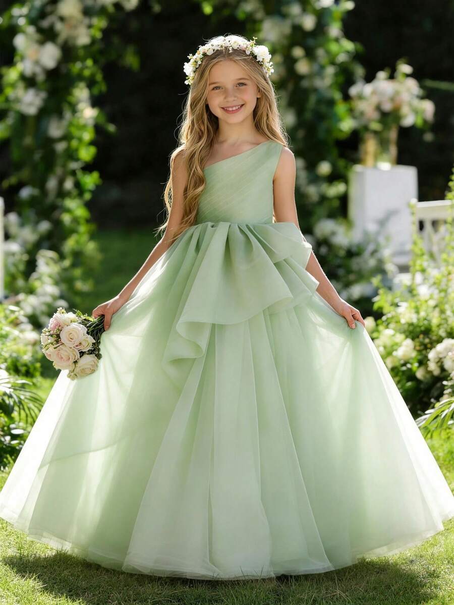 少女优雅薄荷绿连衣裙，花童公主裙，适合儿童生日派对、婚礼、舞会、节日、假日场合 - 薄荷綠 - 查看 1