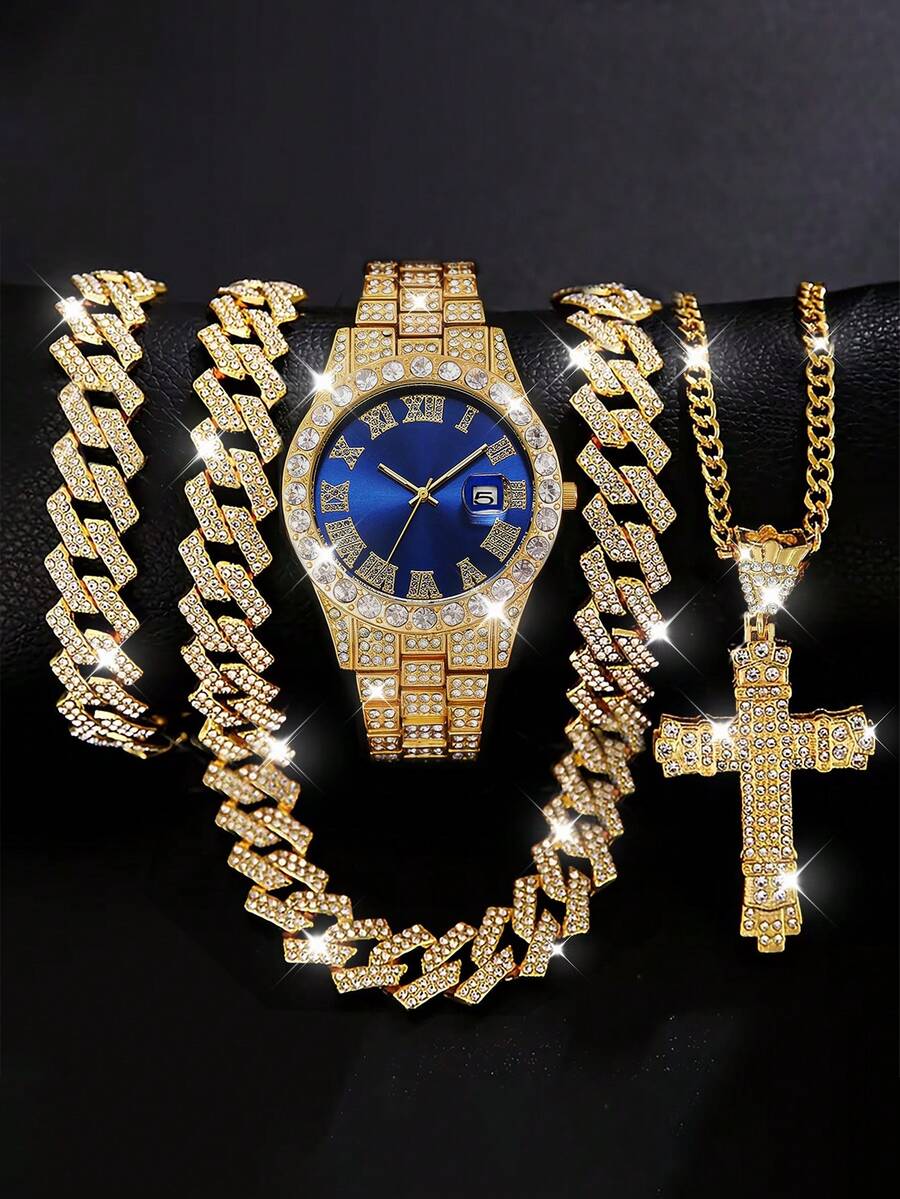 4pcs/Set Men's Business Wrist Watch, Punk Style Cross Necklace, Bracelet Set, Fashionable Versatile Accessory, Ideal Christmas/Halloween/Birthday Gift For Father/Boyfriend - Gold - View 1