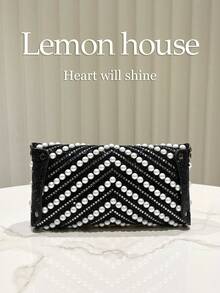 黑色串珠水钻装饰小手拿包，金属链条肩带，优雅晚宴包，适合正式场合、婚礼、派对，女士礼品。 - 黑色 - 查看 6