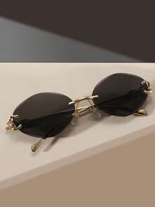 1 pieza Gafas sin marco de moda para mujer, gafas decorativas con montura ovalada, accesorio clásico y versátil para uso diario, sesiones de fotos, regalo - Negro - Ver 2