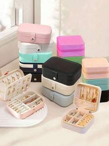 1个长方形PU首饰收纳盒，便携式首饰盒，梳妆台收纳盒，可折叠多隔层首饰展示盒，适用于戒指、项链、耳环、手表、口红等，卧室饰品，户外旅行，带安全扣，优雅国际风，适合旅行和居家使用，送给女孩的礼物，婚礼礼物 - 彩色 - 查看 5