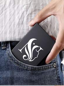 1pc Personalized Laser Engraved 26 Letter Name Card Holder, Aluminum Credit Card Case, Anti-Magnetic RFID Wallet With Auto Pop-Up Card Slot - Black - View 2