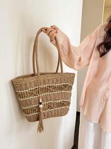 波西米亚风条纹草编手提包，带流苏 | 沙滩度假手提包 - 彩色 - 查看 6