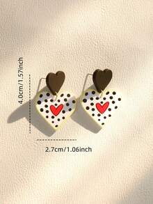 一对可爱浪漫的法式黑色波点红色爱心涂鸦亚克力吊坠耳环，送给女性的礼物，适合音乐节、节日派对等场合 - 黑與白 - 查看 4