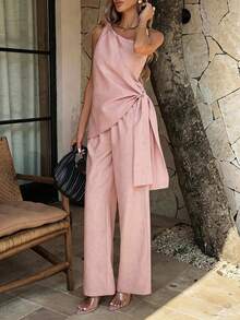PoPoHouse 女士粉色优雅两件套夏季度假海滩休闲通勤办公室时尚婚礼派对外出单肩褶皱上衣和阔腿裤套装 - 粉色 - 查看 7