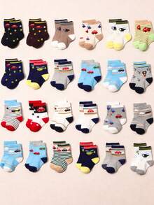 20双/10双装随机婴儿/幼儿汽车图案袜子，可爱交通主题，适合日常休闲穿着、跑步、上学等场合。 - 彩色 - 查看 7