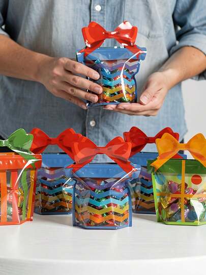 6/12 bolsas de caramelos con decoración de lazos, asas, patrones a rayas, ondulados y de lunares, adecuados para regalos de mujeres y hombres, perfectos para almacenar regalos y dulces de fiestas y vacaciones