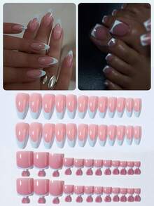 48pcs Nail Set - Glossy Acrylic Material, Includes 24pcs Almond-Shaped Fingernails And 24pcs Toenails, Full Coverage, Elegant French Manicure Design, Suitable For Women And Girls, Can Be Used For Nail Salon Or DIY Home Manicure - Multicolor - View 2