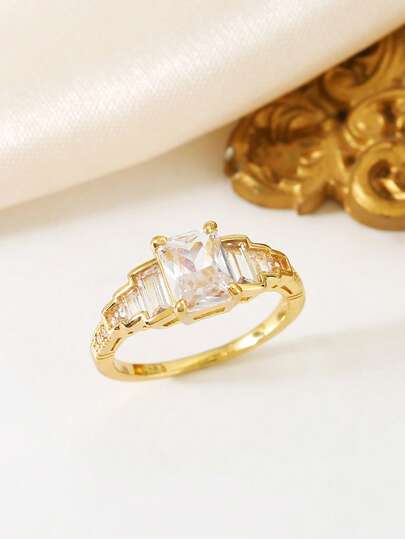 1 chiếc nhẫn đồng hình chữ nhật đính đá Cubic Zirconia siêu nhỏ, thích hợp cho nữ giới đeo hàng ngày, đám cưới, lễ đính hôn, dự tiệc, quà tặng ngày Valentine.