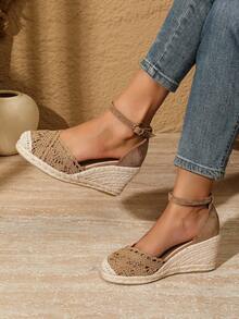Breathable Closed Toe Slip-On Wedge Sandals, Fashionable Casual Rope Platform Shoes For Women - Brown - View 3