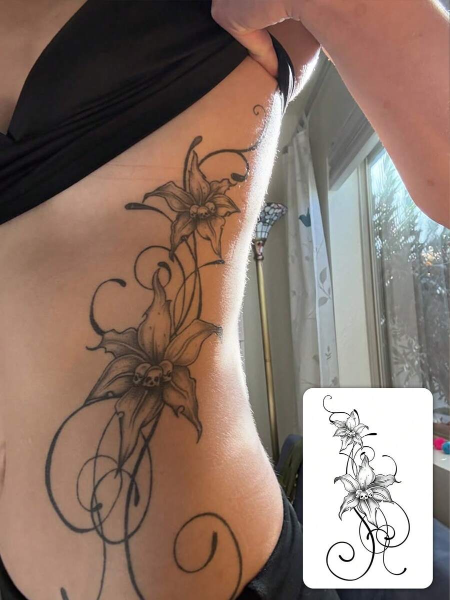 1pc Fashionable Waterproof Temporary Tattoo, Dark Gothic Skull & Lily Floral Design, Realistic Side Waist Goth Style Vine Tattoo Sticker, Suitable For People,Sketch Style - Black - View 1