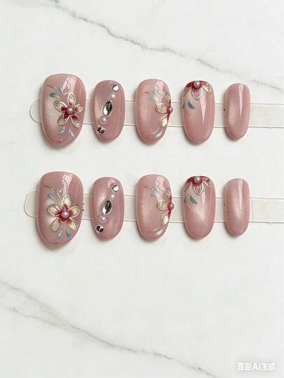 qihangxin 10片手工美甲贴纸，Y2K风格，手绘闪粉紫猫眼，手绘金边花朵，彩色水钻，渐变红色，高端优雅，粉紫色美甲，适合短指甲、椭圆形指甲，假指甲，适合日常佩戴和节日礼物，适合圣诞节、情人节、新年礼物