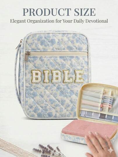 Large Bible Case For Women, Spacious Portable Dust-Proof Bible Cover, Floral Pattern Bible Storage Bag With Handle, Quilted Storage Pouch, Book Protective Sleeve, Home Storage Bag With Zipper Pocket And Handle, Bible Study Supplies, Teacher Gift, Back To School Gift, Cute Birthday Gift For Girls (Bag Only, No Pens, Notebooks Or Sticky Notes Included)