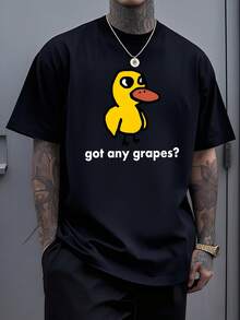 Un pato amarillo con expresión curiosa que pregunta por uvas simboliza humor ligero y actitud divertida transmitiendo energía positiva y espontaneidad en cada gesto camiseta de hombre de algodón cómoda para uso diario y reuniones casuales - Negro - Ver 1