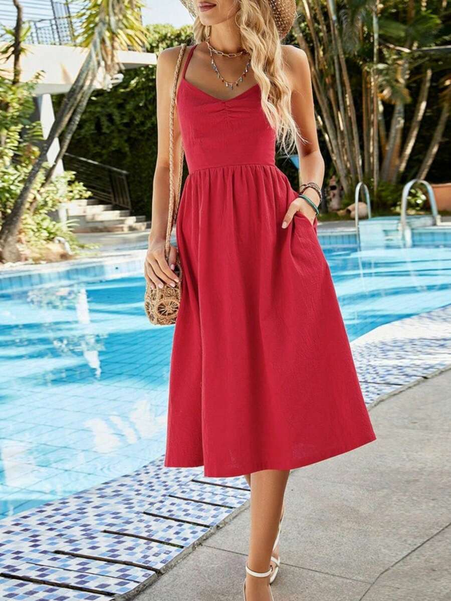 Đầm nữ màu trơn xếp ly có túi, dây mảnh, kiểu dáng thường ngày, thanh lịch cho mùa hè. - Đỏ - Xem 1