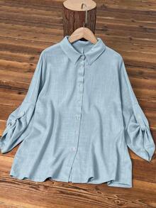 Camisa de mujer casual de lino de unicolor con mangas enrollables y detalles de botones, de manga larga, para primavera - Azul - Ver 8