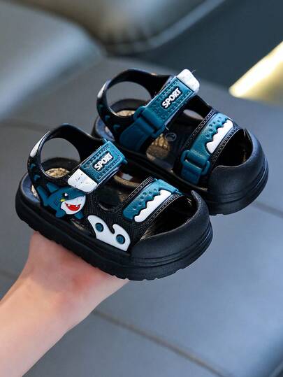 Kids Cartoon Cute Shark Design Hook And Loop Soft Bottom Comfortable Versatile Beach Sandals, Summer