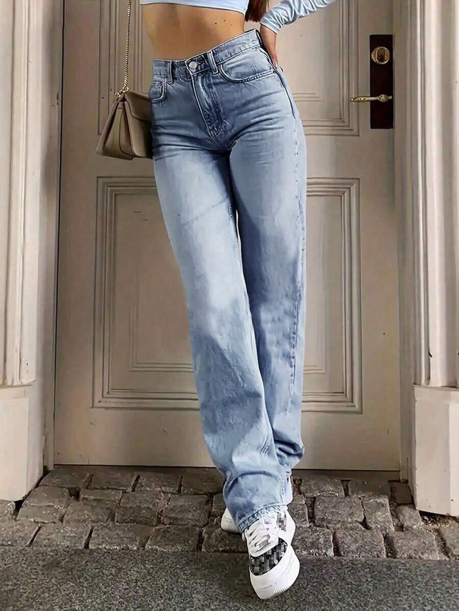 Teen Girls' High Waist Casual Versatile Simple Style Blue Jeans - Baby Blue - View 1