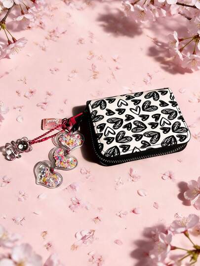 黑白心形多功能卡包钱包，时尚卡通设计，多种实用功能。设有多个卡槽，可用作钱包或可爱迷你卡片收纳包，适合女性日常使用。