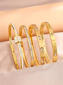 1/4pcs 18K Gold Plated Stainless Steel Rhinestone Bangle Set - Suitable For Fashionable Women, Daily Wear, Office, Party, Date, Anniversary Gift - Bracelet - View 2
