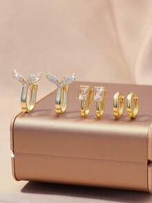 6pcs Set Elegant Luxury Cubic Zirconia Earrings For Women, 18K Gold Plated Copper Cross, Star, Fish Tail, Plain Circle Design, Suitable For Dates, Parties, Gifts - Gold - View 3