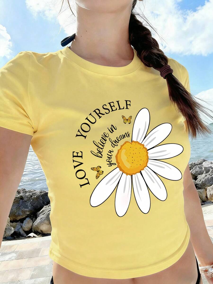 Áo thun croptop cho bé gái, họa tiết hoa cúc và bướm, khẩu hiệu truyền cảm hứng "YÊU BẢN THÂN", áo croptop ôm dáng, thích hợp cho kỳ nghỉ biển, đi học, mặc hàng ngày, mặc mùa hè. - Màu vàng - Xem 1