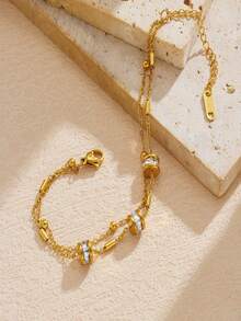 1 chiếc vòng tay charm tròn bằng thép không gỉ mạ vàng sang trọng, hai lớp, có thể xếp chồng lên nhau. - Vàng - Xem 3