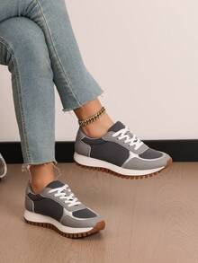 Women's Retro Lace Up Platform Sneakers, Color Block Low Top Casual Walking Shoes, Padded Insole Anti-Slip Waffle Outsole, Multi Color Options, Comfortable Footwear For Daily Commute Shopping Travel Weekend Outings - Xám - Xem 4