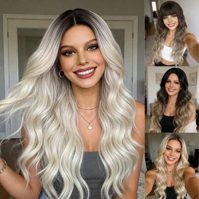 Ombre Grey/Brown/Gold Long Curly Wig, Heat Resistant Synthetic Hair, Middle Part/Bangs Styles, European Style Wig For Cosplay & Party
