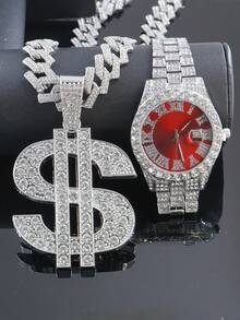 1 Set Dollar Sign Fully Paved Pendant 15mm Rhombus Cuban Link Necklace & Bracelet, Men's Red Dial Watch, Hip Hop Style Accessories Set For Men - Red - View 12
