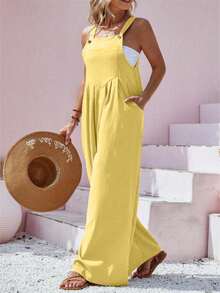 Women's Casual Solid Color Button Strap Wide Leg Jumpsuit, Spring/Summer Elegant - Yellow - View 4