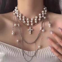 1pc White Multi-Layer Pearl Cross Tassel Necklace, Quality Zinc Alloy Suitable For Women's Daily Wear And Parties - Multicolor - View 1