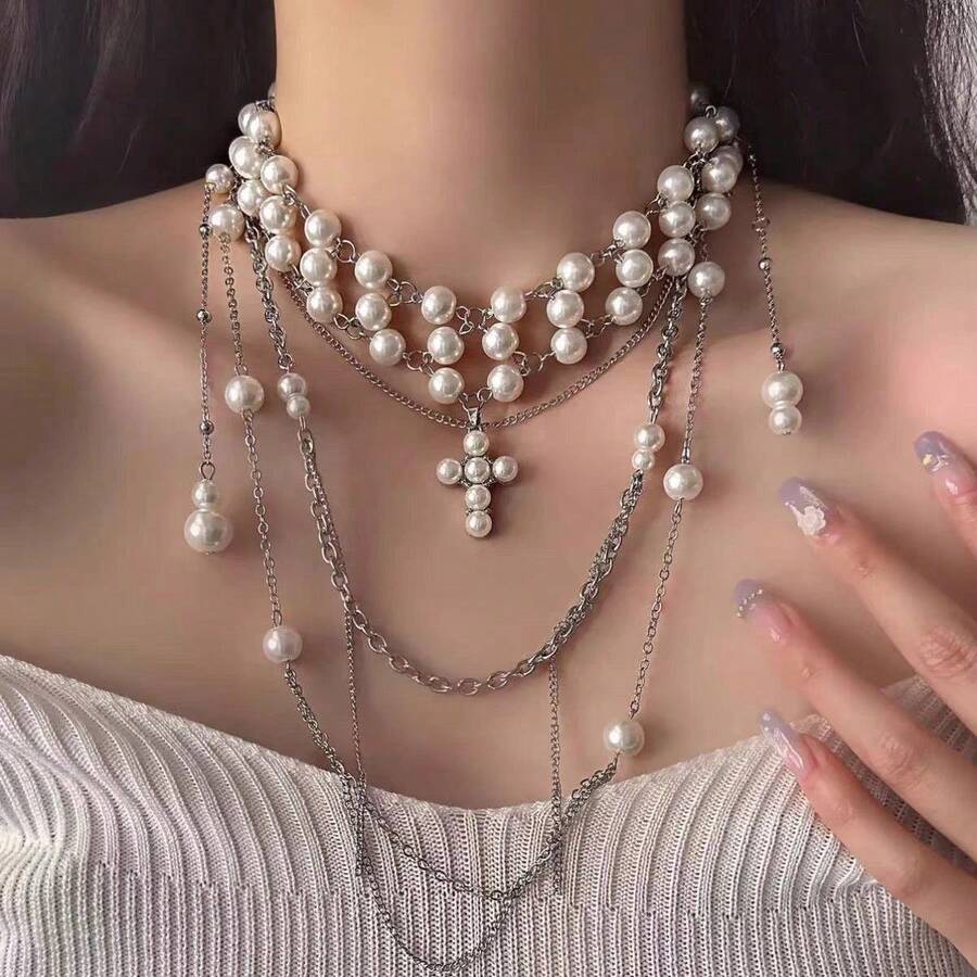 1pc White Multi-Layer Pearl Cross Tassel Necklace, Quality Zinc Alloy Suitable For Women's Daily Wear And Parties - Multicolor - View 1