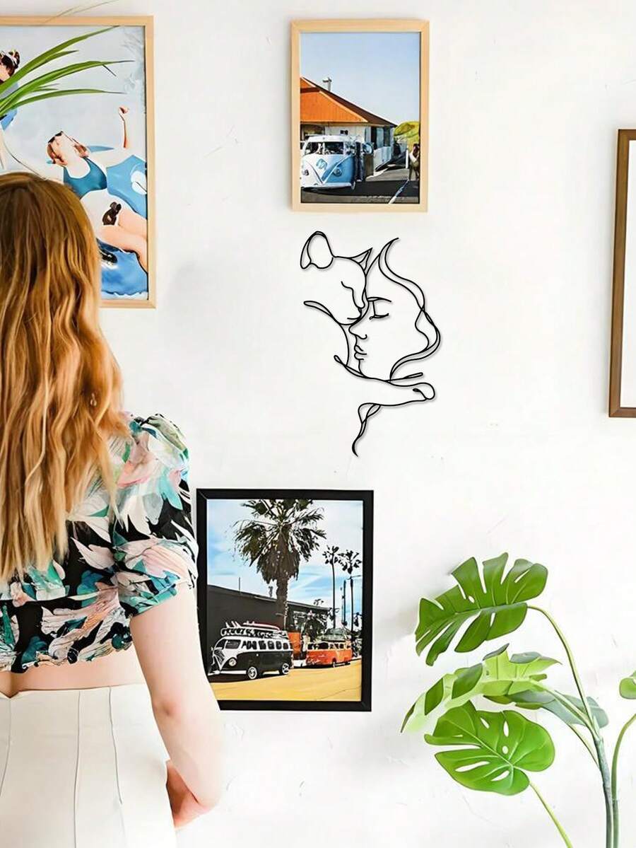 1 pièce Ornement intérieur décoratif abstrait minimaliste en métal en forme de chat - Décoration de chambre, Art mural pour amateurs de chats - Multicolore - Voir 1