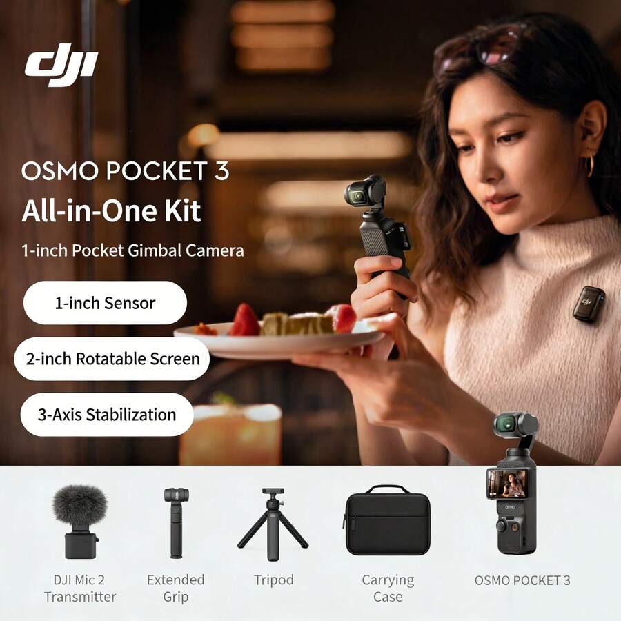 DJI Osmo Pocket 3 All-In-One Kit: 1-Inch Pocket Gimbal Camera, OP Osmo Handheld Digital Camera, Travel Vlog, Portable Beauty Video Recording