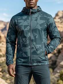 1pc Moisture-Wicking Hooded Outdoor Casual Jacket, Lightweight Geometric Print, Suitable For Daily Outdoor Activities, Running, Hiking, Cycling In Summer, Washable Men's Jacket - Dark Green - View 4
