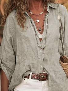 Women's Casual Linen Solid Color Rolled Cuff Button Detail Turndown Collar Long Sleeve Cardigan Spring - Grey - View 1