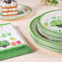 Green Car Happy Birthday Disposable Party Tableware Set, 7/9 Inch Disposable Paper Plates, Napkins, Suitable For Family Gatherings, Gender Reveal, Celebrations, Birthdays, Weddings, Parties, Picnics - Multicolor - View 5
