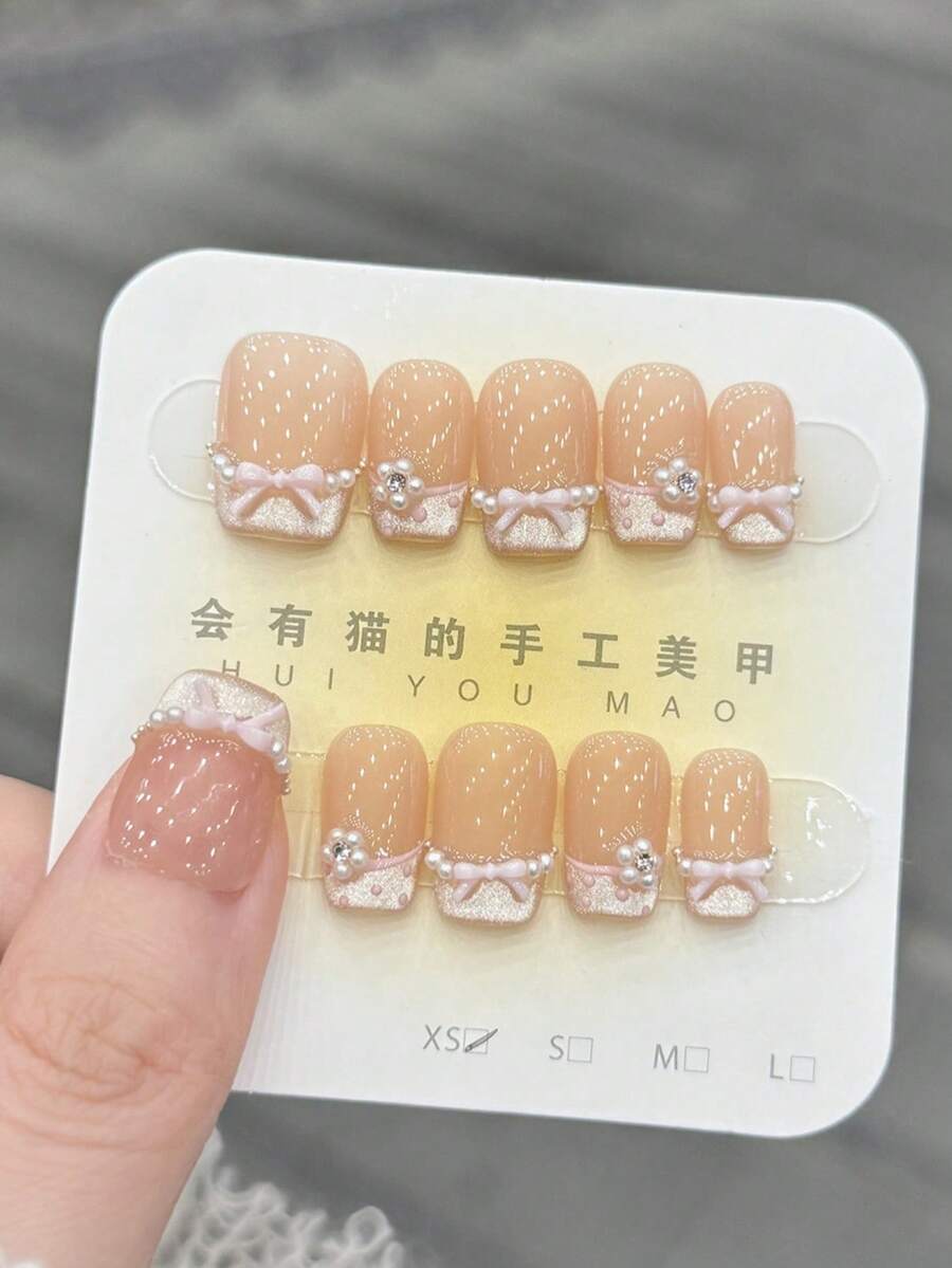10pcs/Set Press On Nail Art, Love Song, Dazzling Cat's Eye, Pile Of Rhinestones, Sweet And Cute Bow, Polka Dot, Handcrafted, Wearable Nail Art. - Multicolor - View 1