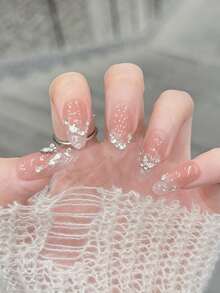 10pcs/Set Press On Nail Art, Ice Crystal Butterfly Design, Light Luxury And Simple Style, Gentle And Pure Allure, Dazzling With Rhinestones, Mature Lady's Handcrafted Wearable Nails. - Multicolor - View 2