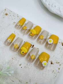 10片手工美甲贴纸套装，芥末黄短梯形，香氛法式美甲贴纸，美甲贴纸，新年美甲，情人节美甲，UV凝胶美甲，夏季美甲，日常美甲，优雅设计，高端法式风格，凝胶指甲油，闪粉，猫眼效果，金属光泽按压式美甲贴片 - 芥末黃 - 查看 8